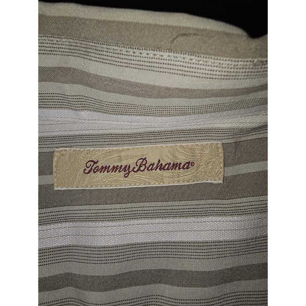 Vintage Tommy Bahama 100% Silk Dress Shirt Men's L Striped Beige Khaki - Picture 2 of 8